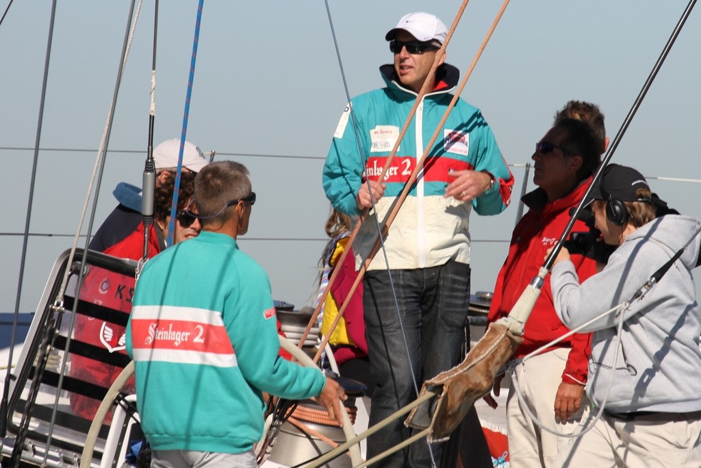 1989/90 Crew member Glen Sowry (standing) give Mark Orgams (wheel) some tactical advice aboard Steinlager 2  - Steinlager 2  May 5, 2012 © Richard Gladwell www.photosport.co.nz